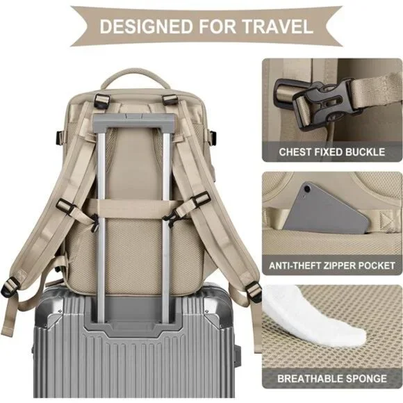 Unisex Large Travel Backpack Waterproof Rucksack Casual Daypack, Khaki - Picture 5 of 6